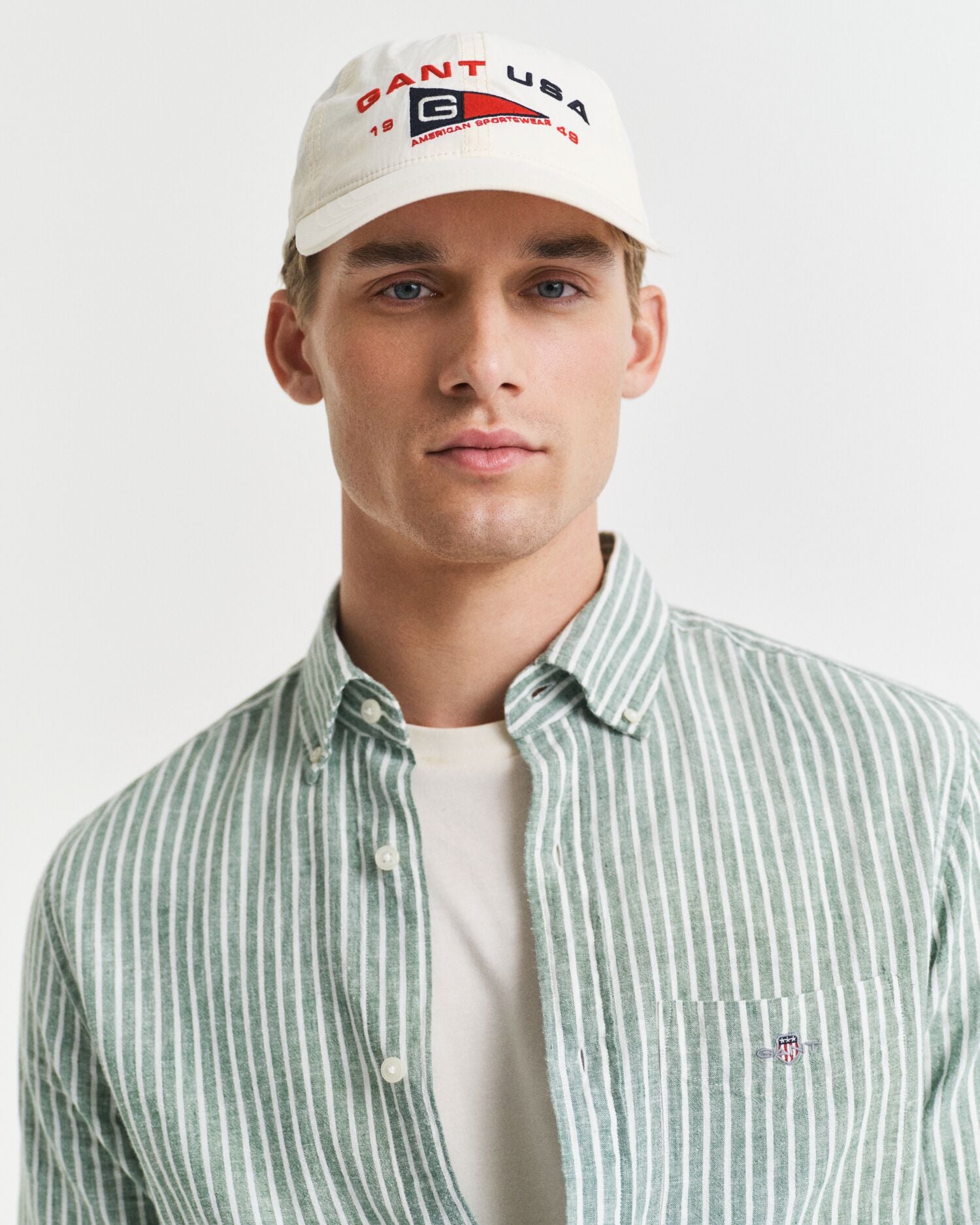 REG COTTON LINEN STRIPE SHIRT-EMERALD