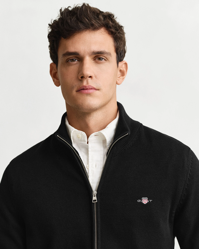 CASUAL COTTON ZIP CARDIGAN-BLACK