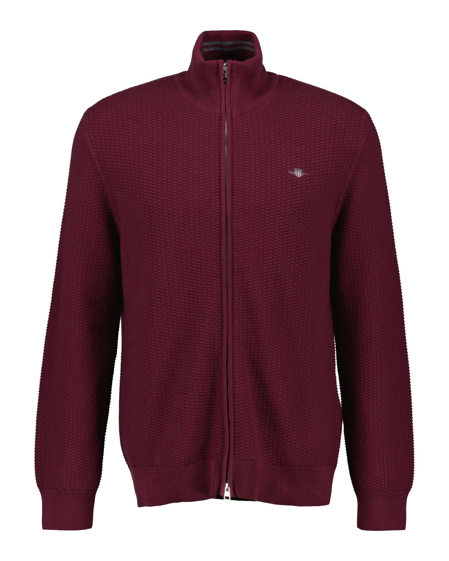 COTTON MICRO TEXTURED ZIP CARDIGAN-WINE RED