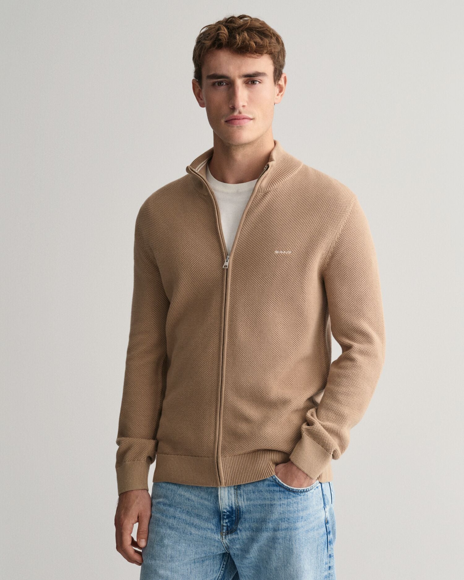 COTTON PIQUE ZIP CARDIGAN-DARK KHAKI