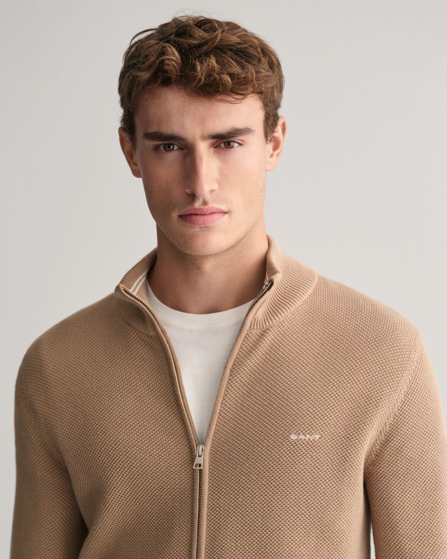 COTTON PIQUE ZIP CARDIGAN-DARK KHAKI