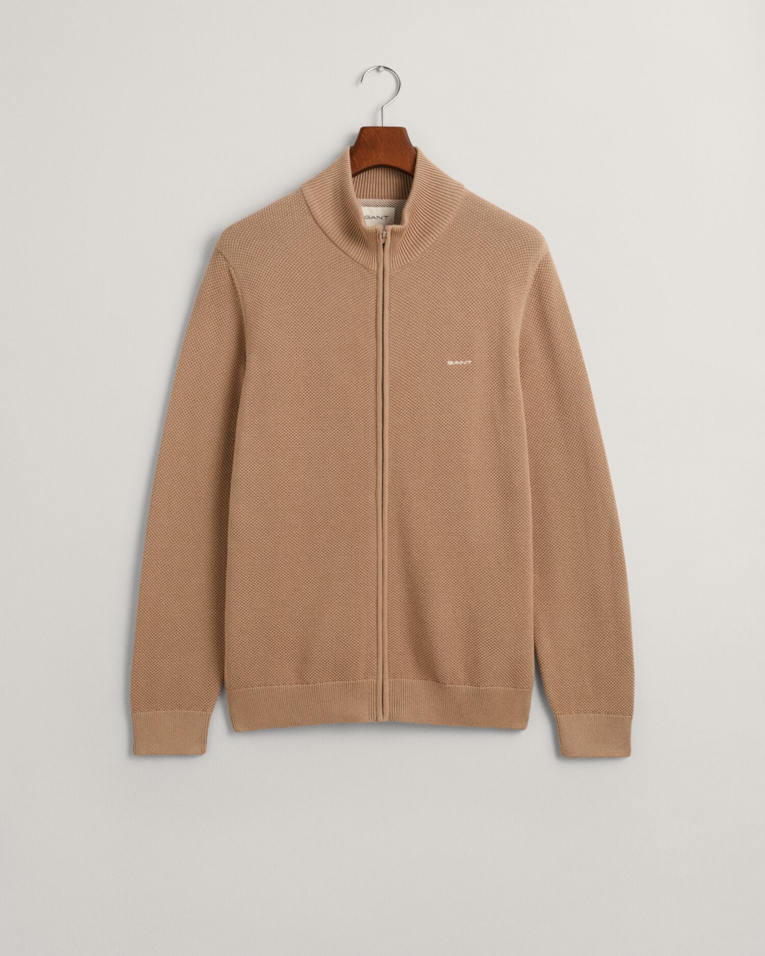 COTTON PIQUE ZIP CARDIGAN-DARK KHAKI