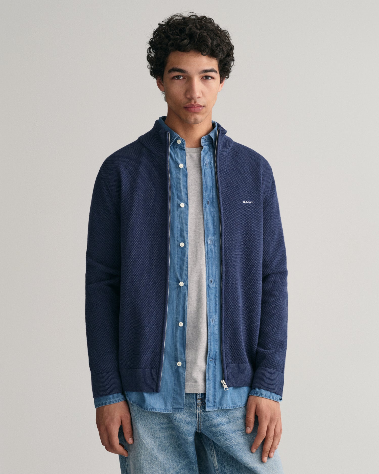 COTTON PIQUE ZIP CARDIGAN-MARINE MELANGE
