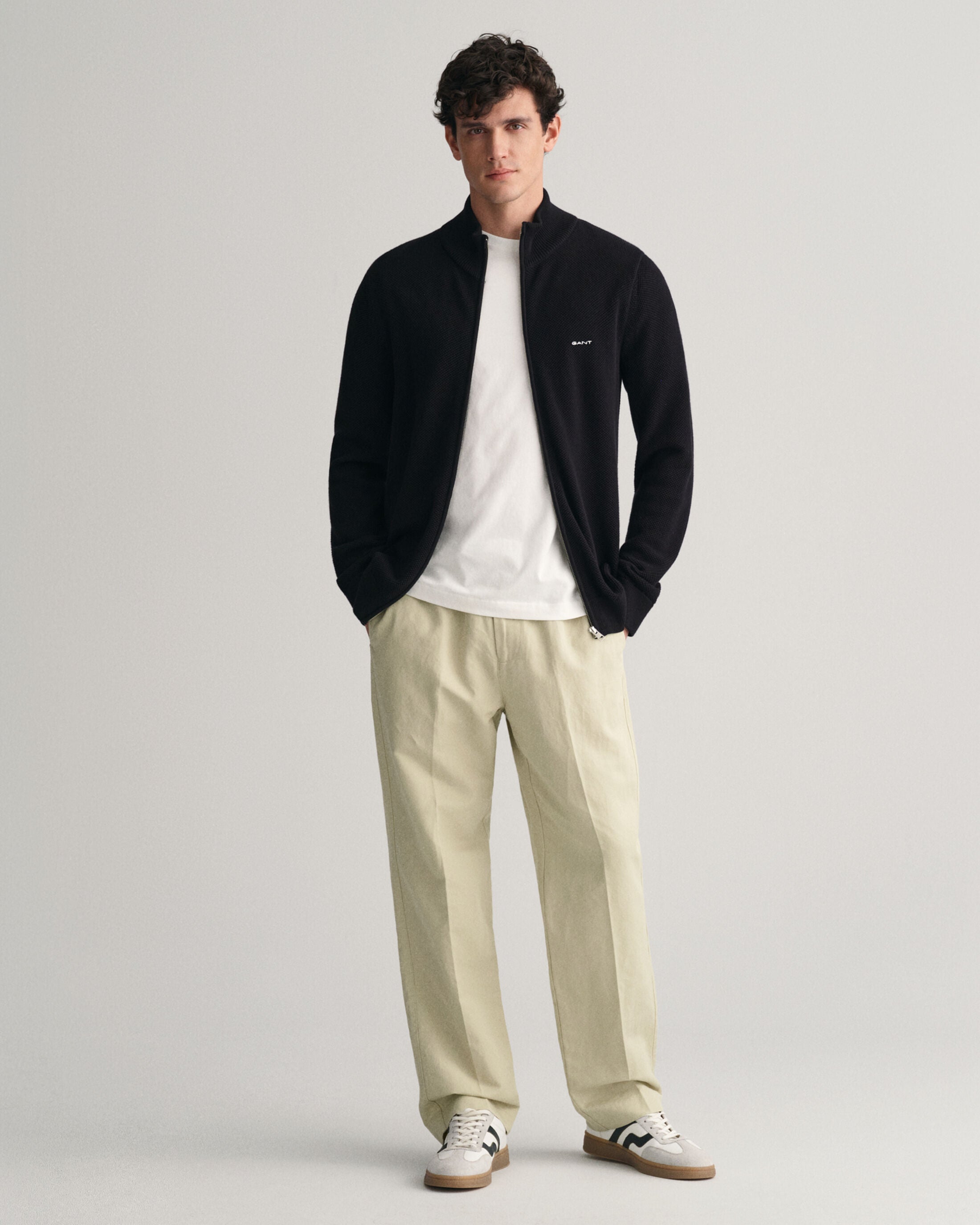 COTTON PIQUE ZIP CARDIGAN-BLACK