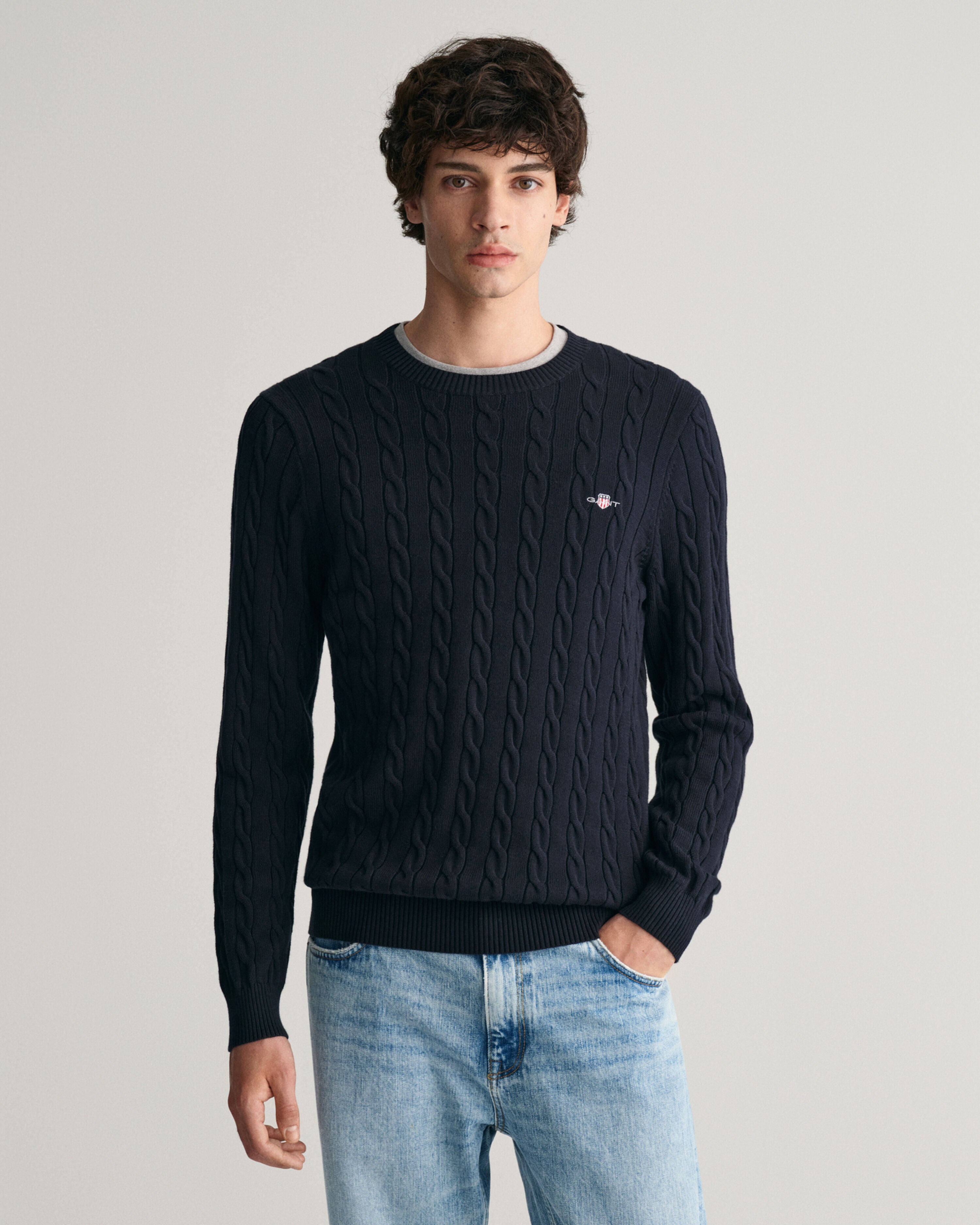 COTTON CABLE C-NECK-EVENING BLUE