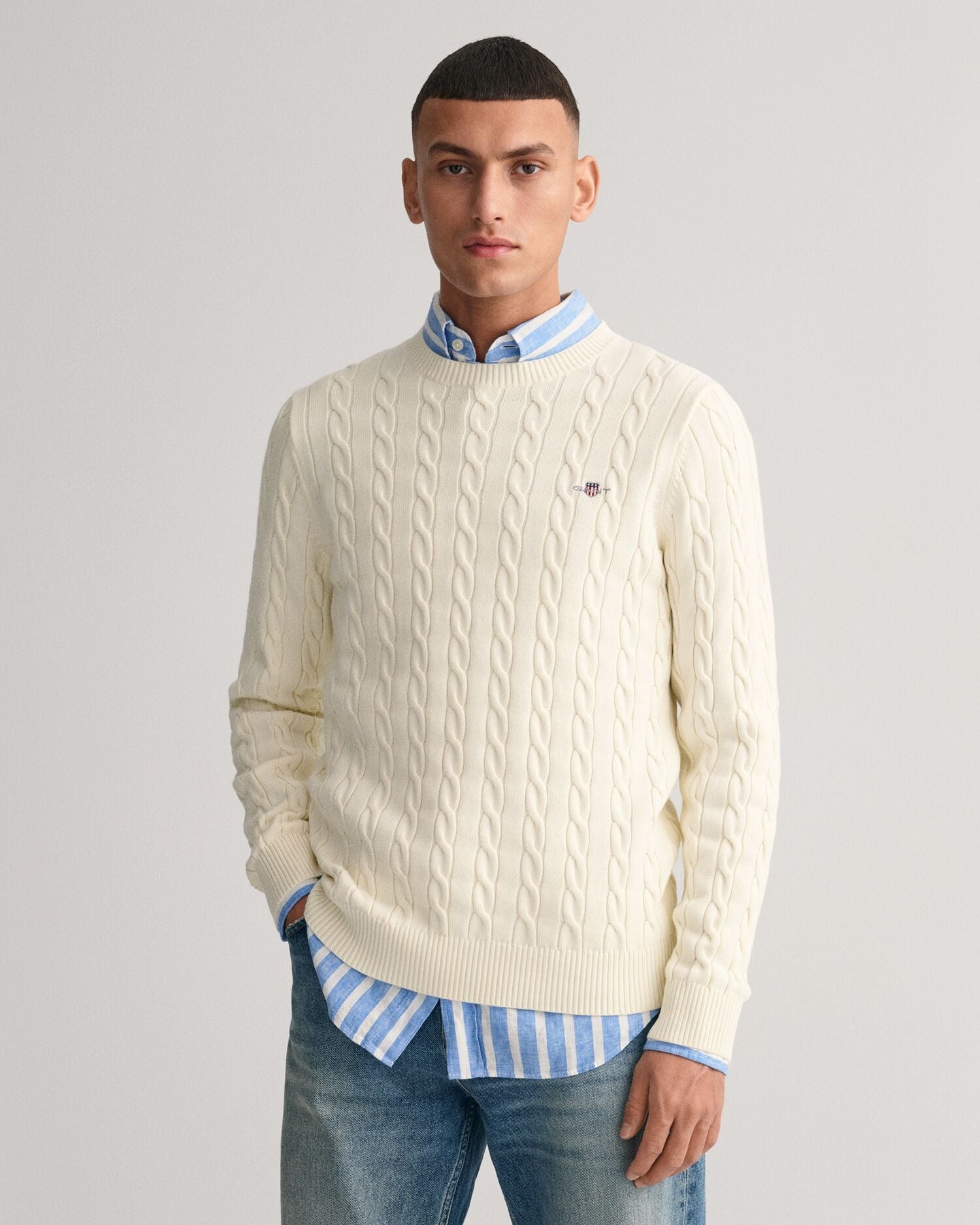 COTTON CABLE C-NECK-CREAM