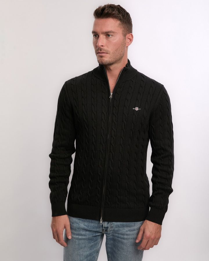 COTTON CABLE ZIPPED CARDIGAN-BLACK