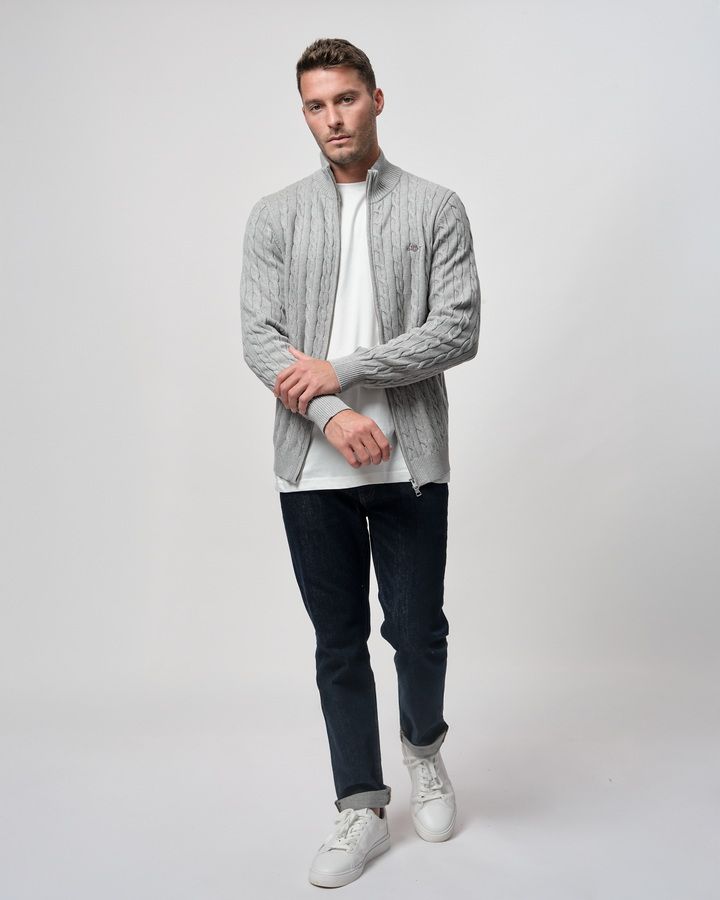 COTTON CABLE ZIPPED CARDIGAN-GREY MELANGE