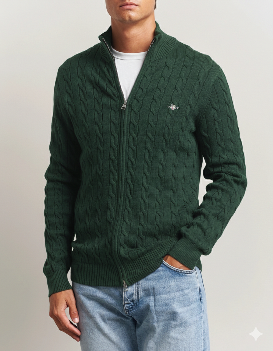 COTTON CABLE ZIPPED CARDIGAN-FOREST GREEN