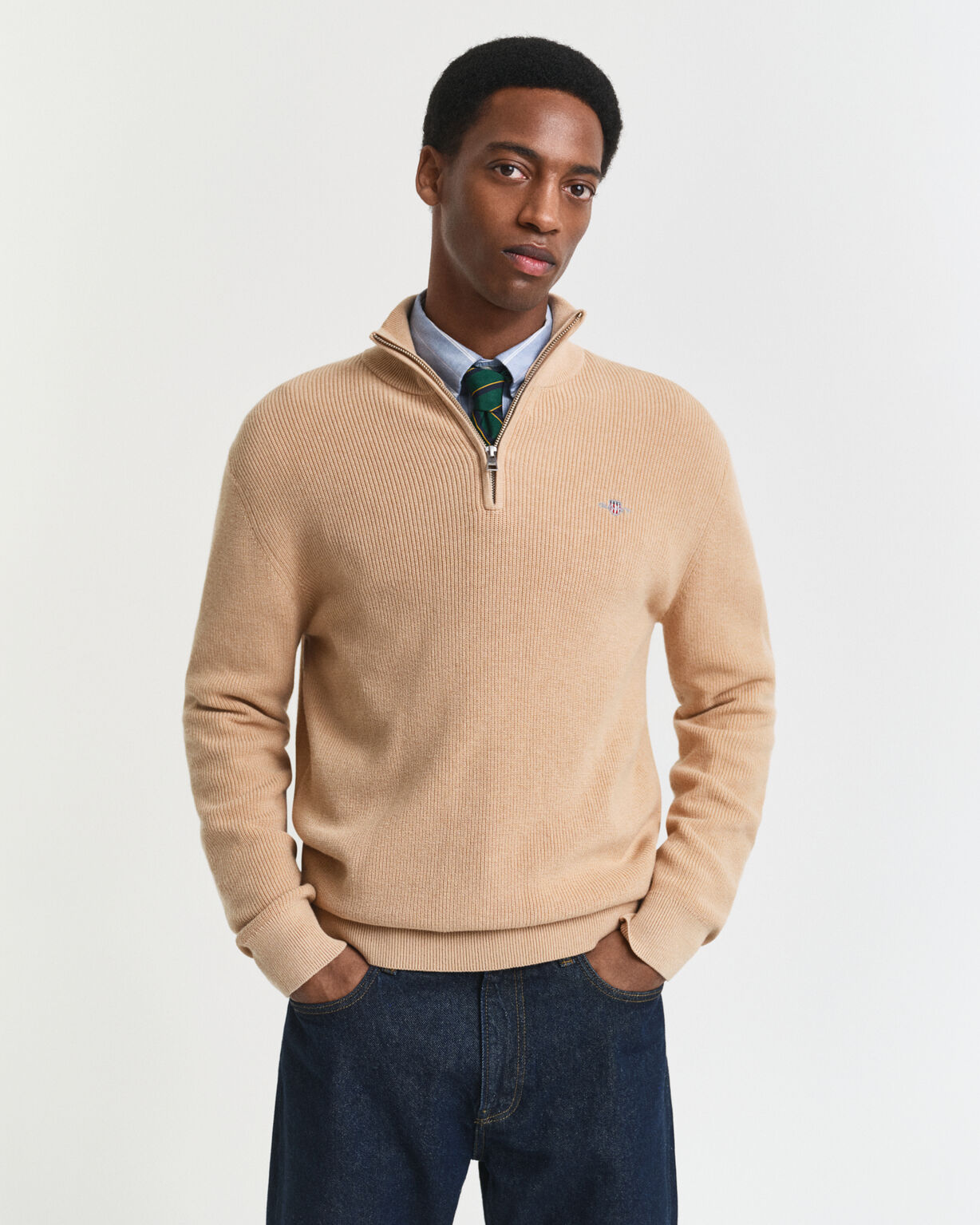 COTTON MERINO RIBBED HALF ZIP-KHAKI MELANGE