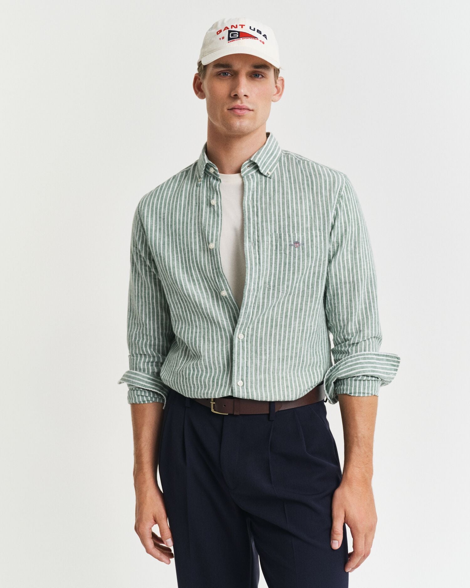 REG COTTON LINEN STRIPE SHIRT-EMERALD