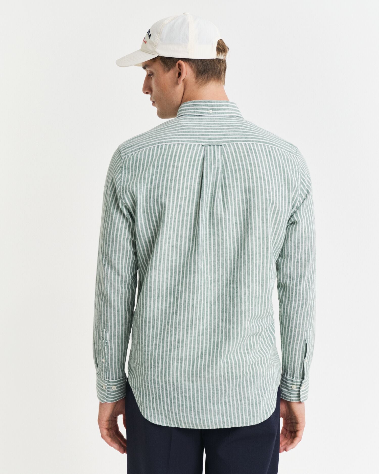 REG COTTON LINEN STRIPE SHIRT-EMERALD