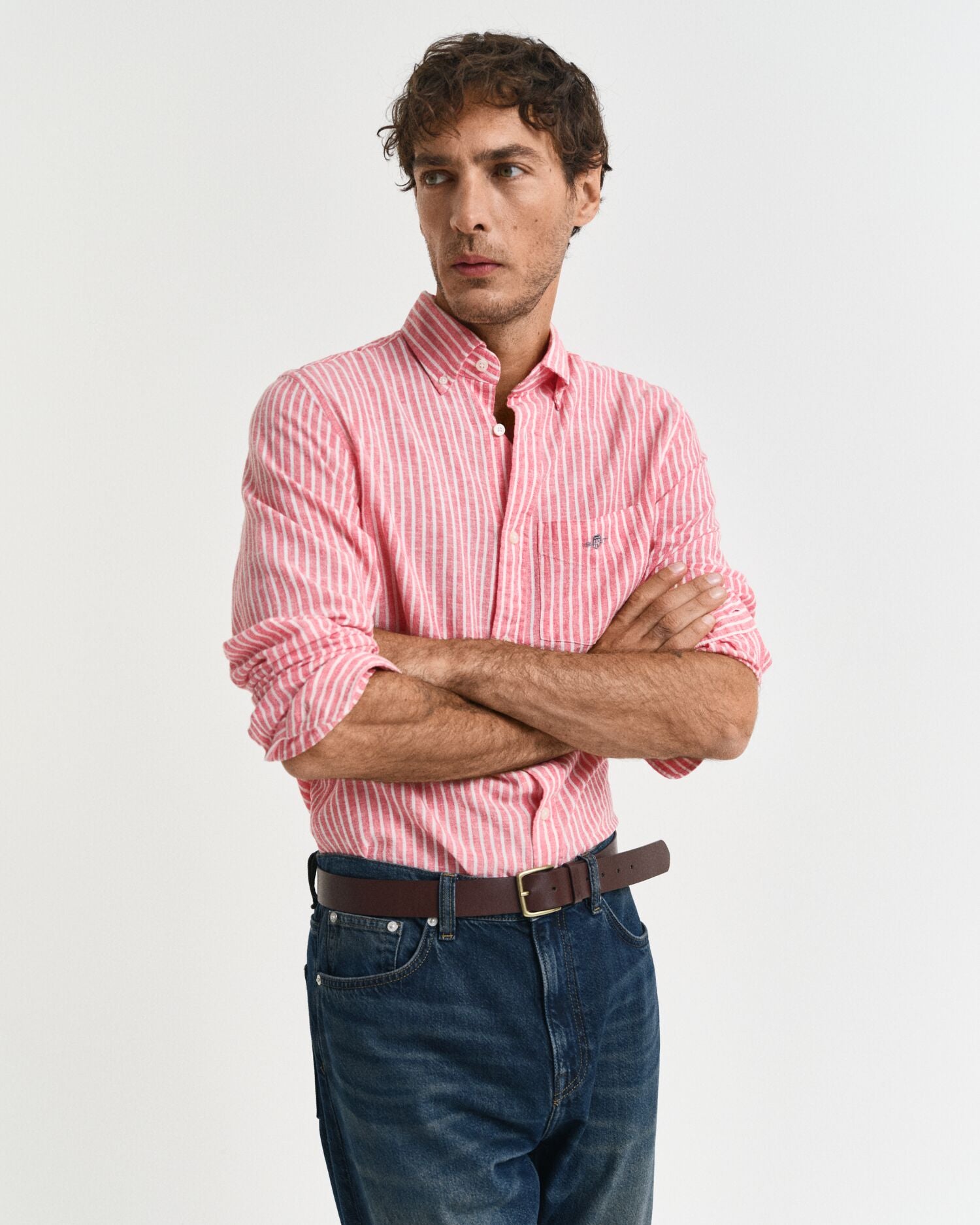 REG COTTON LINEN STRIPE SHIRT-STRONG CORAL