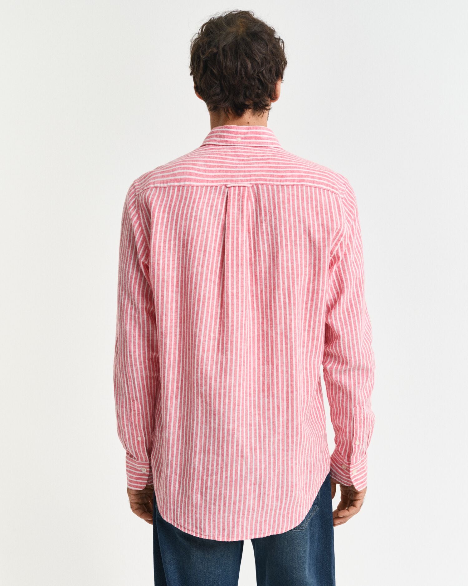 REG COTTON LINEN STRIPE SHIRT-STRONG CORAL