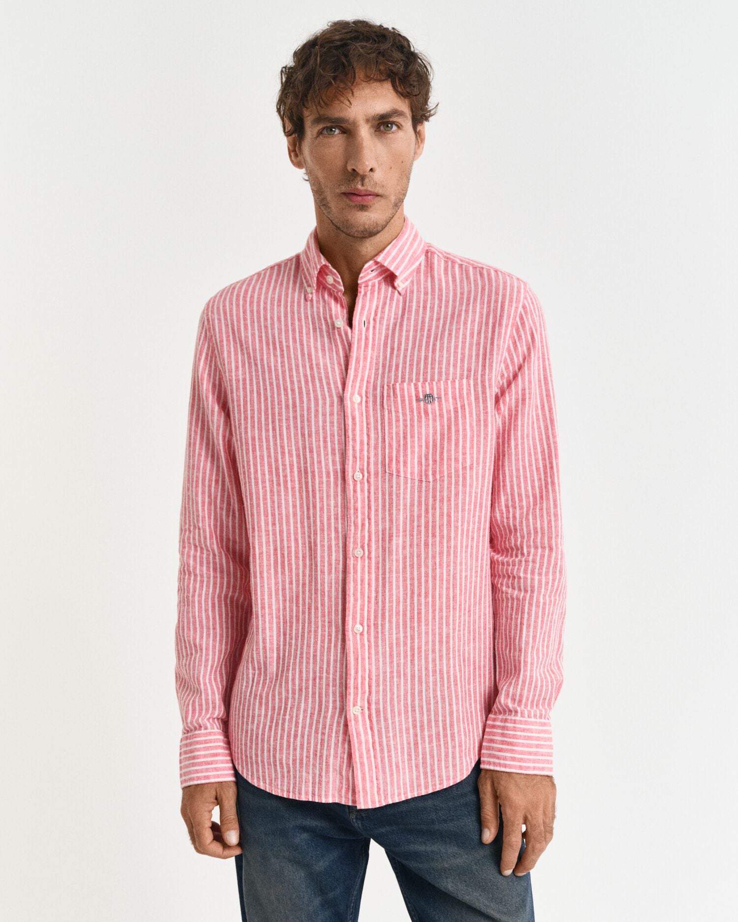 REG COTTON LINEN STRIPE SHIRT-STRONG CORAL