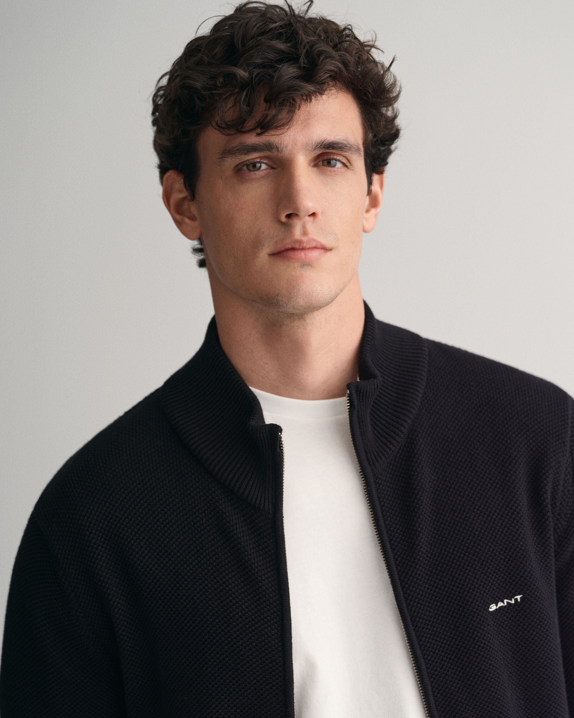 COTTON PIQUE ZIP CARDIGAN-BLACK