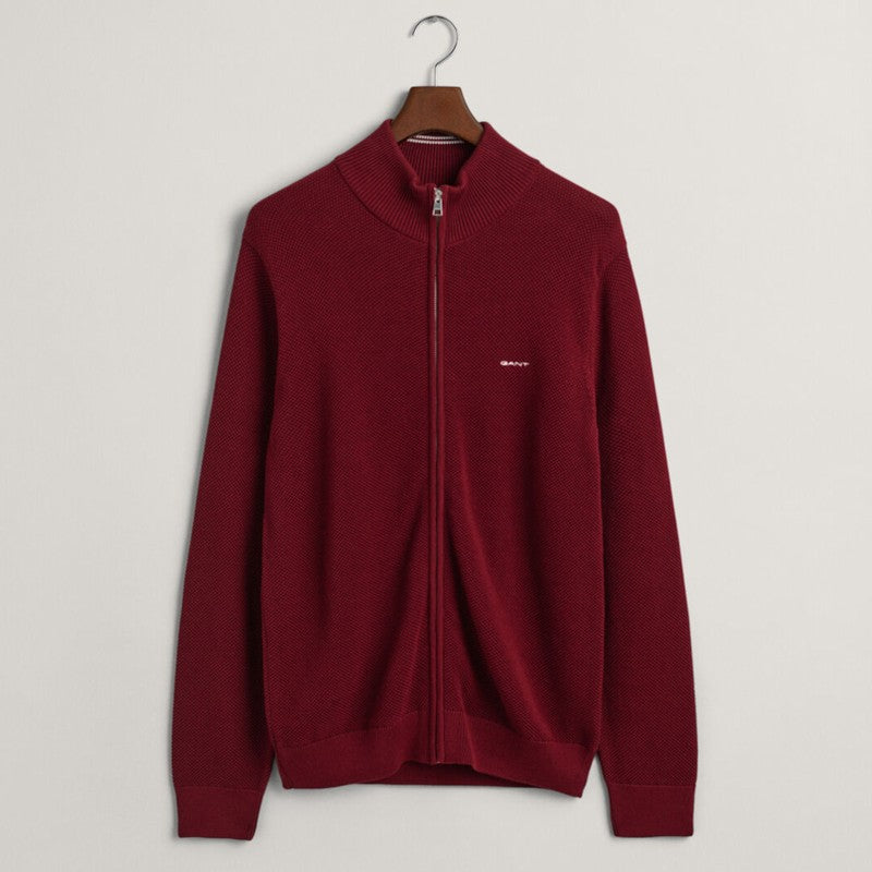 COTTON PIQUE ZIP CARDIGAN-PLUMPED RED