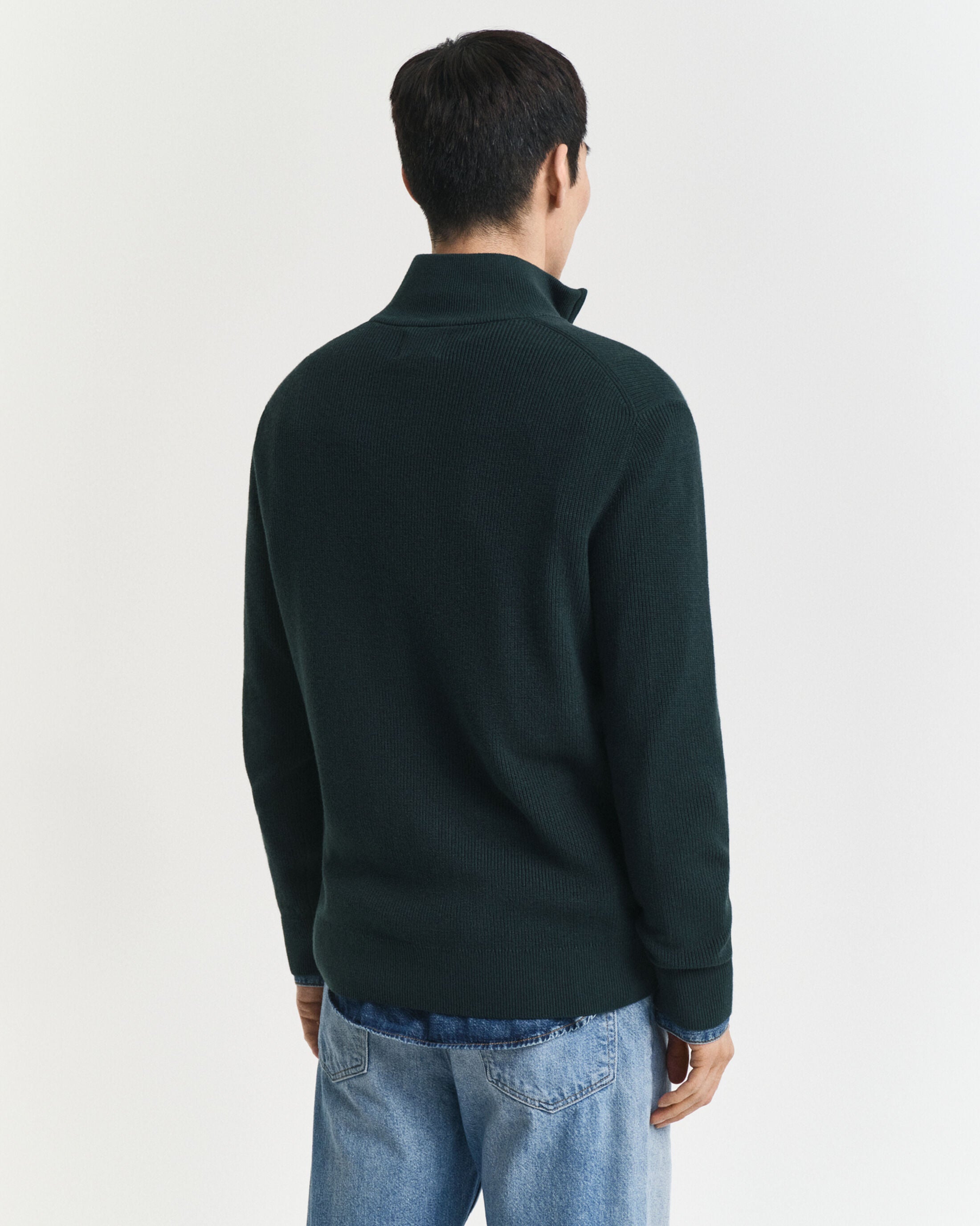 COTTON MERINO RIBBED HALF ZIP-TARTAN GREEN