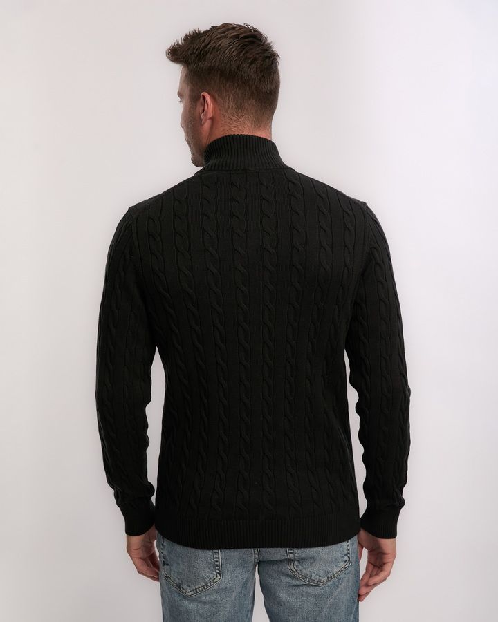 COTTON CABLE ZIPPED CARDIGAN-BLACK