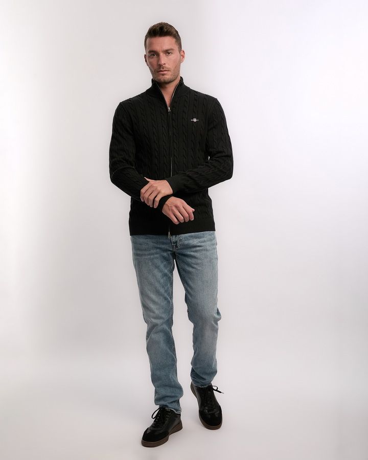 COTTON CABLE ZIPPED CARDIGAN-BLACK