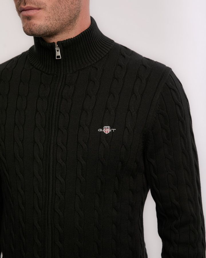 COTTON CABLE ZIPPED CARDIGAN-BLACK