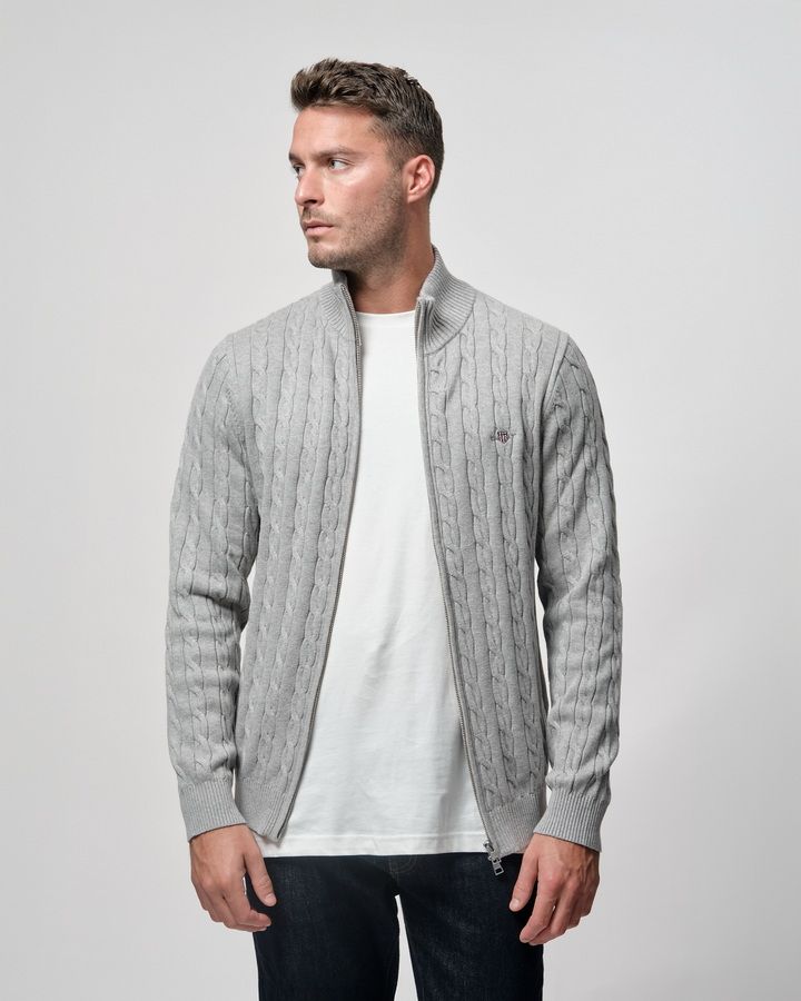 COTTON CABLE ZIPPED CARDIGAN-GREY MELANGE