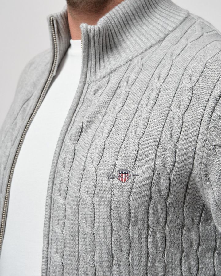 COTTON CABLE ZIPPED CARDIGAN-GREY MELANGE