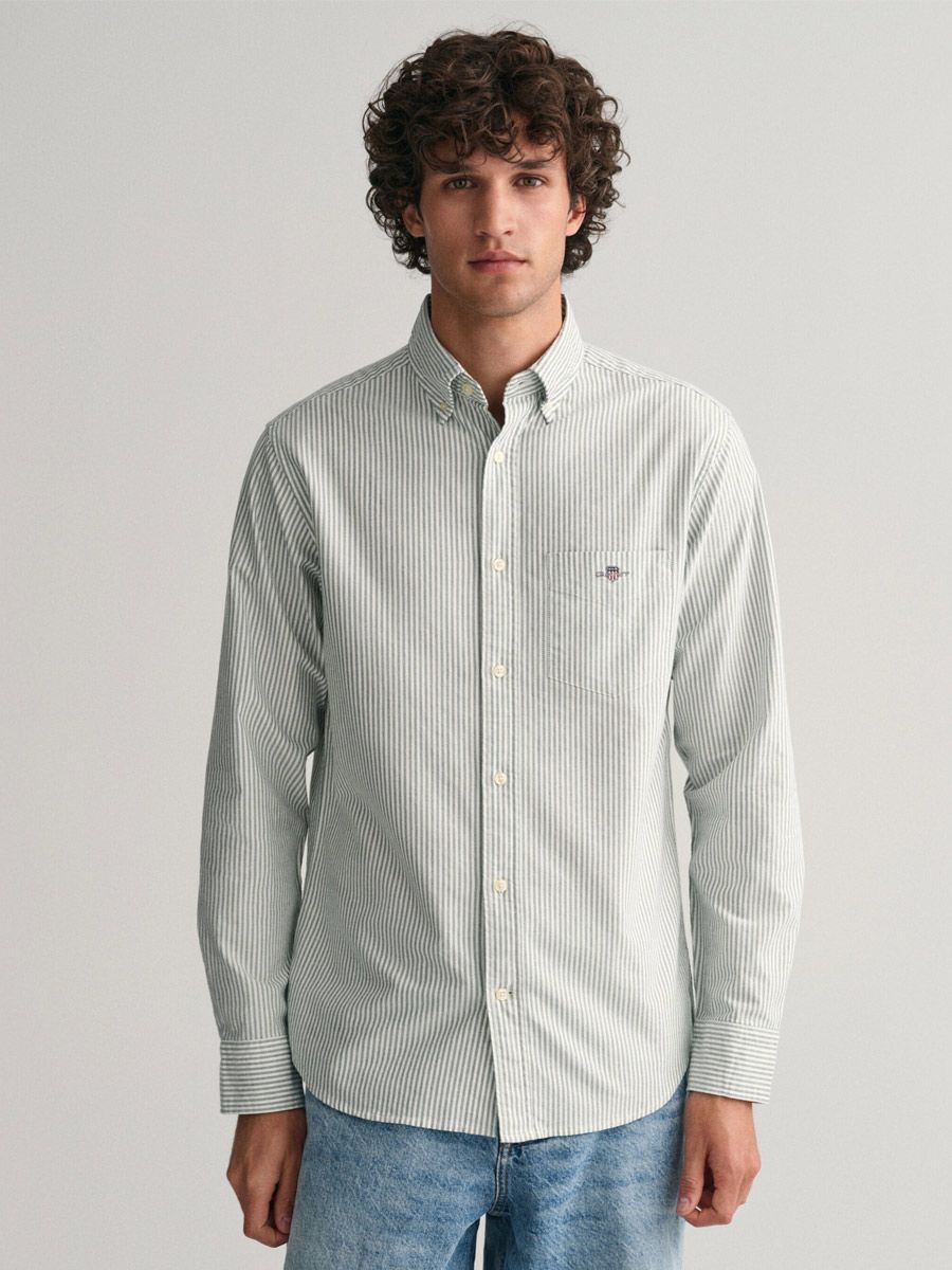 REG OXFORD BANKER STRIPE SHIRT- FOREST GREEN
