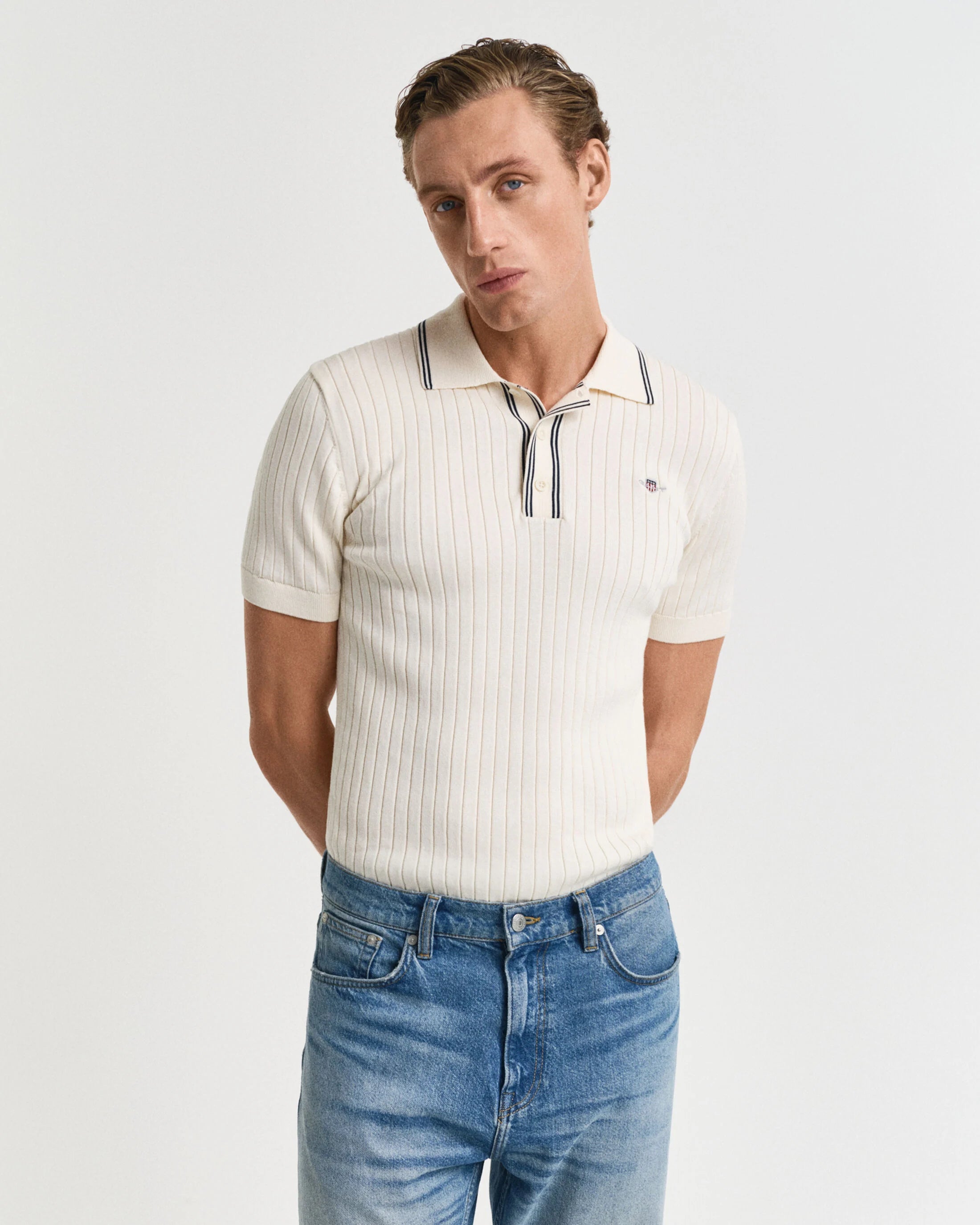 RIBBED COTTON SS POLO-CREAM