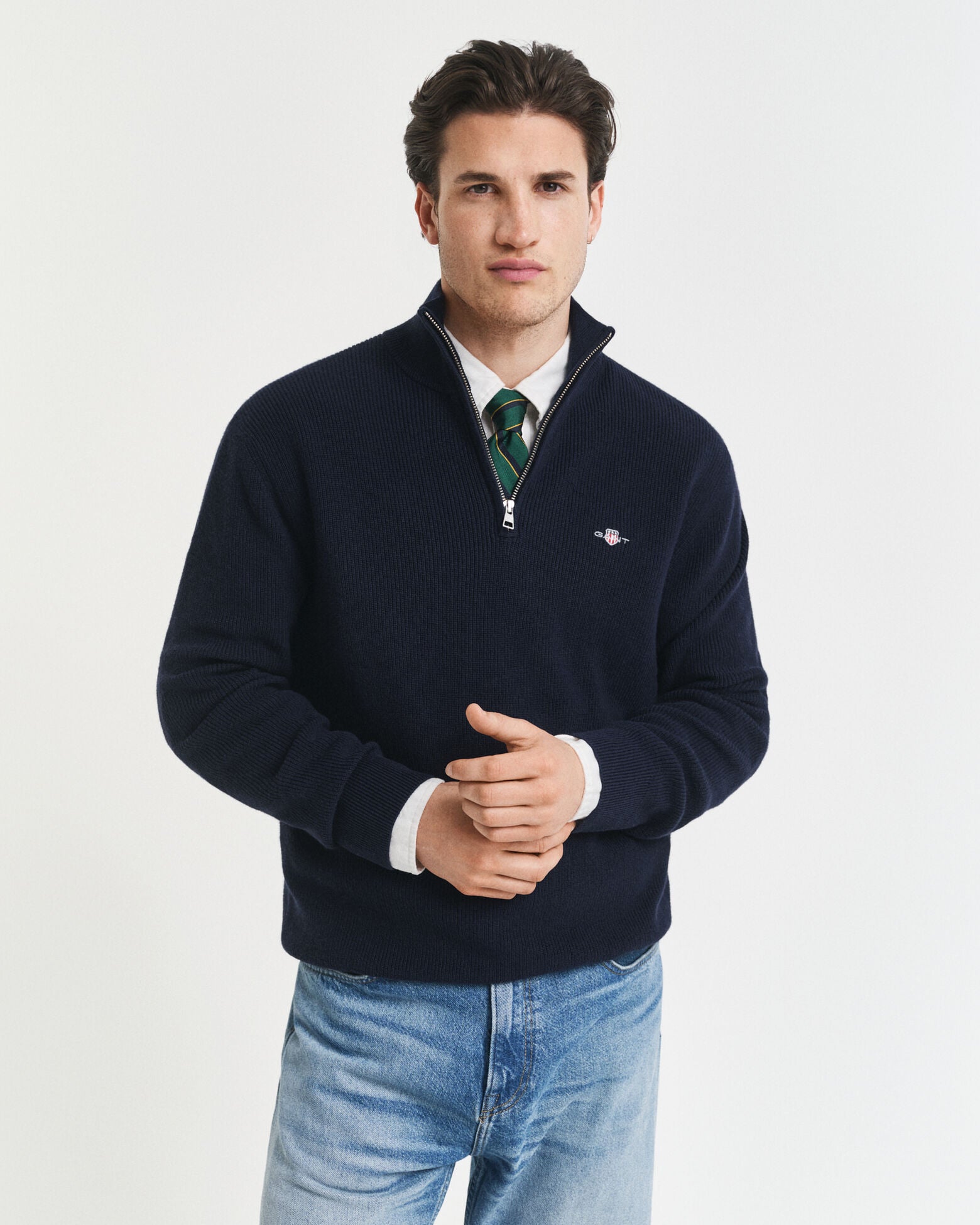 COTTON MERINO RIBBED HALF ZIP-EVENING BLUE