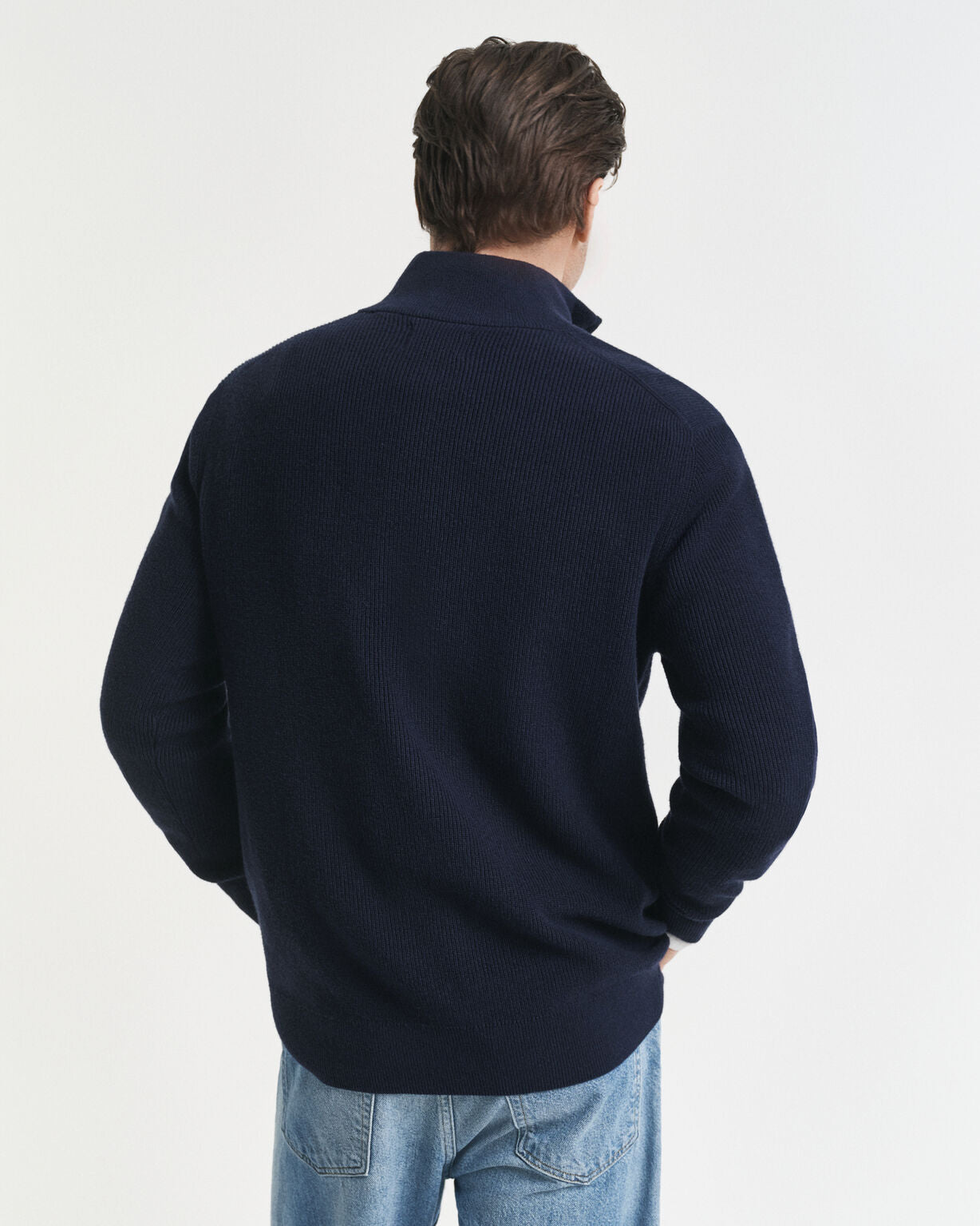 COTTON MERINO RIBBED HALF ZIP-EVENING BLUE