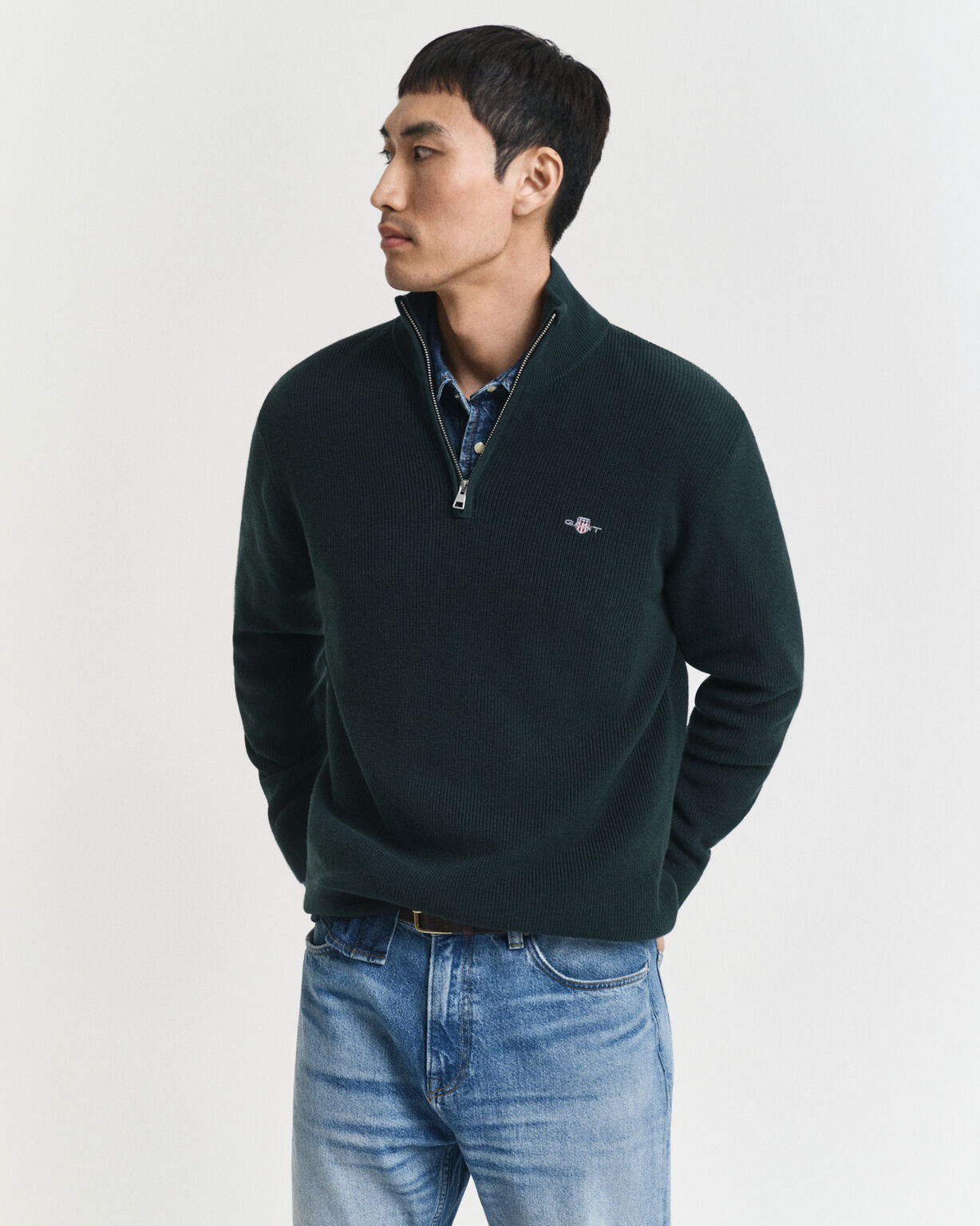 COTTON MERINO RIBBED HALF ZIP-TARTAN GREEN